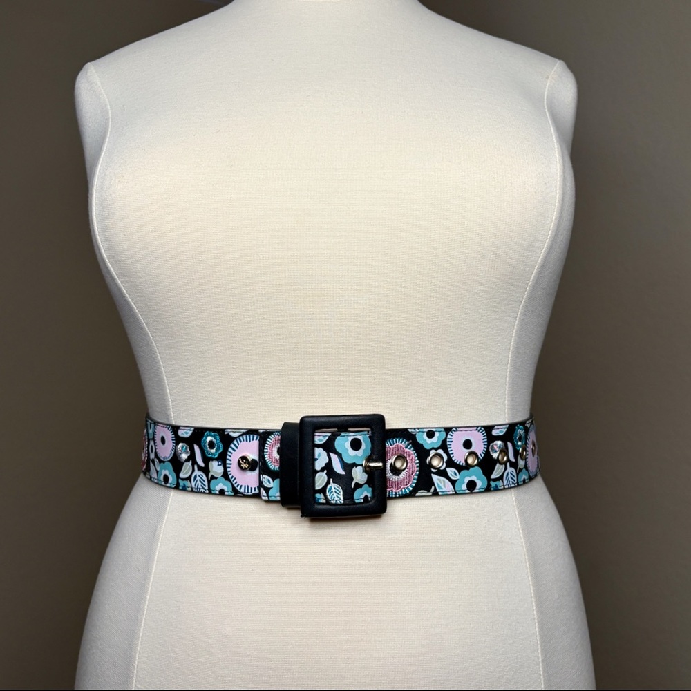 Black Cotton Candy Painted Floral Belt Size L 36 Logo Festival Hippie 80s Retro